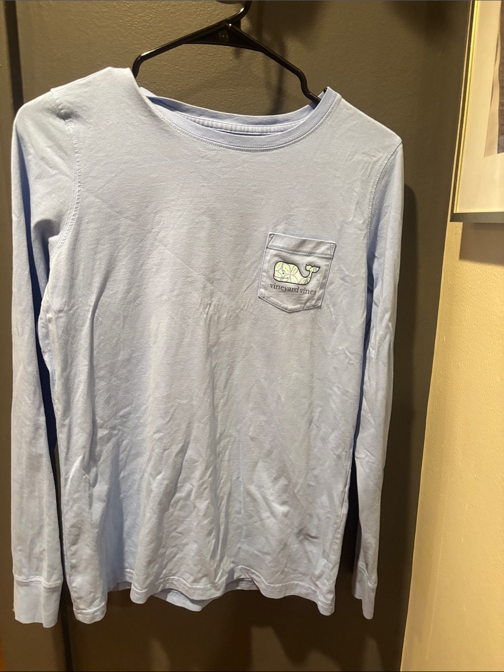 Vineyard Vines Pale Blue Long Sleeve Pocket Tee with Whale Logo